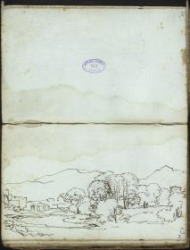 Landschaft mit Gebäuden und Bergen