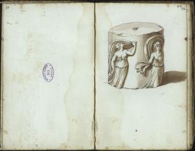 Antikes Säulenfragment mit zwei weiblichen Figuren