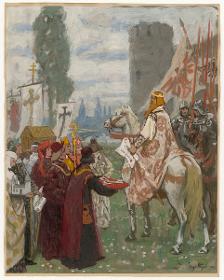 Friedrich Barbarossa als Schirmherr des deutschen Kulturlebens. Der Kaiser zu Pferde mit Gefolge gepanzerter Ritter, von Bürgern mit Stadtschlüsseln und Klerikern empfangen