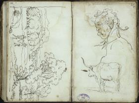 Weite Berglandschaft mit zwei Figuren / Karikatur "Dr. Wichelhausen", Rind und sitzende männliche Figur