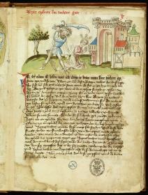 Jephtha erschlägt seine Tochter mit dem Schwert. in: Speculum humanae Salvationis