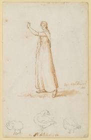 Seite aus einem Skizzenbuch. Oben Stehende weibliche Figur, unten drei Gänse