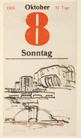 Drei Skizzen. Aufriss, Schnitt, Perspektive auf einem Kalenderblatt vom 8.10.1916