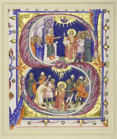 Initiale S, darin Stephanus vor dem Richter