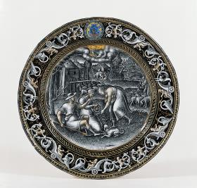 Teller mit Monatsdarstellung des April und dem Wappen der Chaspoux de Verneuil