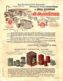 Reklame der "Neuheiten 1908," Firma A.Marsner, Weinbergen/Böhmen, Schokoladen-Fabrik