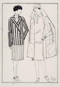 Frauen in Ensemble und Hemdblusenkleid mit Cape