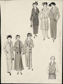Frauen in Kostüm, Kleid, Blusen