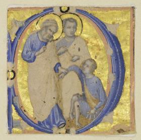 Initiale P(?), darin, in Begleitung von Johannes, Petrus, der einen am Boden hockenden Krüppel zu sich emporzieht und heilt.
