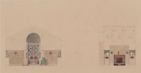 St. Louis, Sommersitz eines Kunstfreundes auf der internationalen Ausstellung, Speisezimmer, Raum 25, Aufrisse der Nordwest und Nordostwand