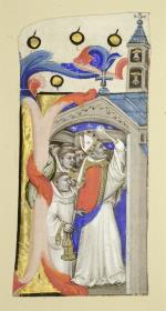 Initiale D (?) dem Bischof von Avanches, der die Kirche weiht, die St. Michael auf dem Berge Garganus zu errichten befohlen hatte.