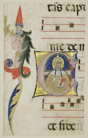 Initiale E mit einem heiligen Bischof und Randleiste mit einem Propheten (?)