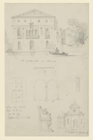 Murano, Isola di S. Michele, Ansicht des Palazzo Da Mulu von der Wasserseite; S. Michele Fassade,Campanile, Wandaufriß und Chorgestühl
