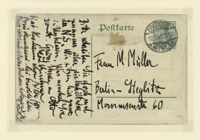 Textseite der Postkarte an M. Mueller. Auf der Vorderseite die Zeichnung "Vier Akte im Atelier"