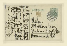 Textseite der Postkarte an Otto und M. Mueller. Auf der Vorderseite die Zeichnung "Drei Tänzerinnen"