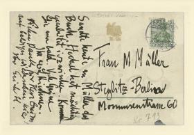 Textseite der Postkarte an M.Mueller. Auf der Vorderseite die Zeichnung "Tänzerin"