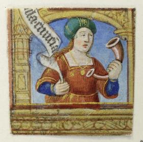 Ausschnitt aus einem gedruckten Stundenbuch. Figur mit Horn und Schriftband