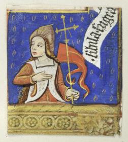 Ausschnitt aus einem gedruckten Stundenbuch. Figur mit Kreuzstab und Schriftband