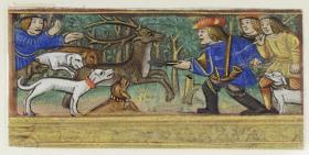 Ausschnitt aus einem gedruckten Stundenbuch. Hirschjagd