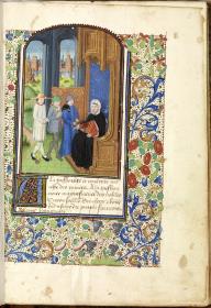 Alain Chartier, Le Quadrilogue, le livre de l'espérance etc., geschrieben von Robinet Bronguart: Titelmimiatur mit Rankenumrahmung. auf einem Chorstuhl sitzt der Verfasser und belehrt drei vor ihm stehende Männer