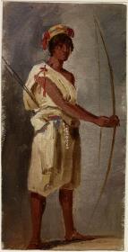 Mann mit Pfeil und Bogen. Ganze Figuer, stehend nach rechts