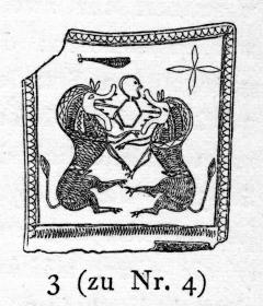 Fragment einer geometrischen Fibel mit graviertem Dekor: A: Mann zwischen zwei Löwen; B: Pferd mit Schwan auf dem Rücken