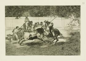 El esforzado Rendón picando un toro, de cuya suerte murió en la plaza de Madrid / Der starke Renón sticht mit seiner Pica einen Stier, der an diesem Stoß in der Arena von Madrid stirbt (Tauromaquia 28)