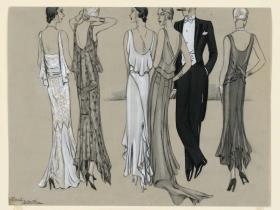 Frauen in Abendkleid und Mann in Frack