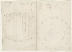Ansicht und Grundriss vom Rundtempel der Vesta in Tivoli