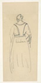 Kleidentwurf für Luise Mendelsohn. Skizze für ein Kleid mit Weste - Figurine in Rückansicht