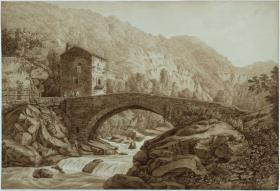 Brücke bei Vallombrosa. Brücke im Waldgebirge, die nach rechts zu einem Hause (Mühle) über einen Bergbach führt