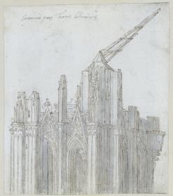 Der Turm des Kölner Domes im Bau, mit Hebekran