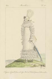 Incroyables et Merveilleuses: Tafel 18: chapeau de paille garni de crêpe, Robe de Perkale