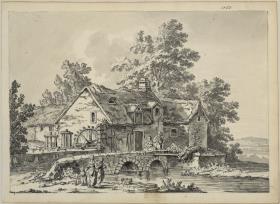 Brücke mit Wassermühle und Staffage