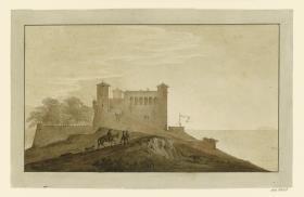 Schloss auf einem Berggipfel über dem Meer