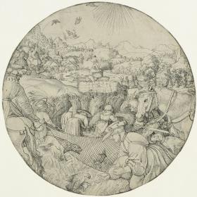 Monatsbild des Juni. Landschaft mit Bauern, Tieren und Vogelfängern