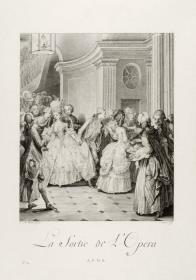 Monument du costume physique et moral de la fin du dix-huitième siècle: Blatt 34: la sortie de l'opéra