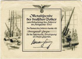 Metallspende des Deutschen Volkes zum Geburtstag des Führers im Kriegsjahr 1940