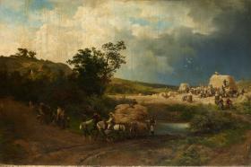 Gewitterlandschaft mit erntenden Bauern
