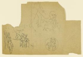 Fragment mit Übertragungspause zur Kreidelithographie "Jäger mit Hunden" (1917), Entwurf zu Gottfried Kellers Gedicht "Berliner Pfingsten" und durchgezeichnete Reiter-Vignette (für den Umschlag zu "54 Steindruck zu kleinen Schriften von Heinrich von Kleist", Berlin 1917)