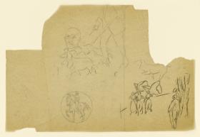 Fragment (Rückseite) mit Übertragungspause zur Kreidelithographie "Jäger mit Hunden" (1917), Entwurf zu Gottfried Kellers Gedicht "Berliner Pfingsten" und durchgezeichnete Reiter-Vignette (für den Umschlag zu "54 Steindruck zu kleinen Schriften von Heinrich von Kleist", Berlin 1917)