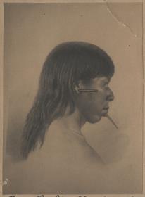 "Junger Šambioa (Karajá) mit Ohrstäbchen und hölzernem Lippenpflock"