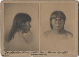 "Junger Šambioa (Karajá) mit Ohrstäbchen und hölzernem Lippenpflock"