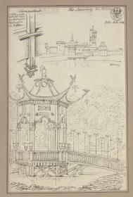 Franzensburg in Laxenburg südlich von Wien. Brückenverband, Ansicht der Franzensburg, Chinesischer Pavillon (Angelhaus) im Karpfenteich