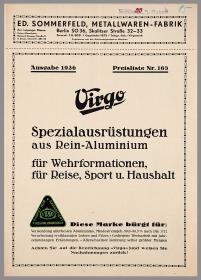 Virgo Spezialausrüstungen aus Rein-Alluminium für Wehrformationen, Reise, Sport u.Haushalt. Ausgabe 1936 Preisliste Nr. 165.