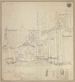 Ansicht des unvollendeten Veitsdoms in Prag mit dem begonnen Südturm und der Sankt Adalbertskapelle & Panorama von Prag mit dem Veitsdom & Stehende Gewandfigur, Kruzifix und Vera icon aus dem Veitsdom