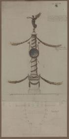 Berlin. Entwurf zur Dekoration des Platzes vor dem Brandenburger Tor für den Einzug der Sieger aus dem Befreiungskrieg von 1814. Ansicht einer Siegessäule und Grundriss des Platzes