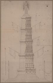 Berlin, Unter den Linden. Entwurf zu einer Siegessäule an der Opernbrücke, etwa auf Höhe der heutigen Neuen Wache
