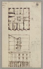 Entwurf zu einem öffentlichen Gebäude. Grundriss, Aufriss und Schnitt
