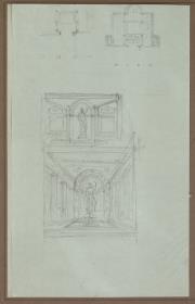 Potsdam-Sanssouci. Römische Bäder bei Schloss Charlottenhof. Grundriss, Querschnitt, Ansicht des Atriums mit Impluvium und zentraler Brunnenfigur